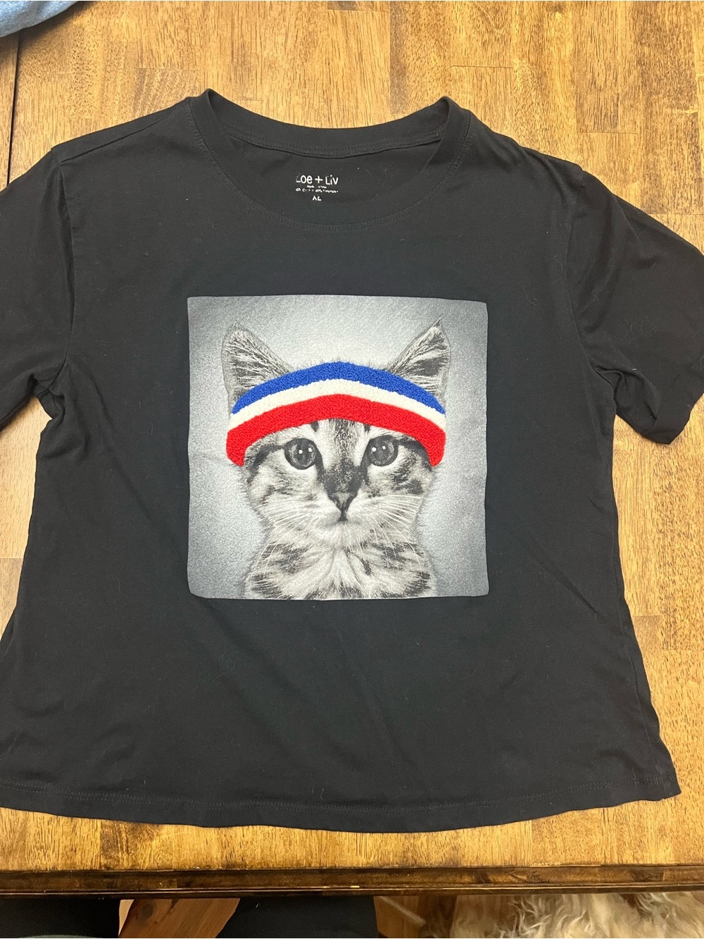 Zoe + Liv Black Tee with Red, White & Blue Headband Kitten Graphic